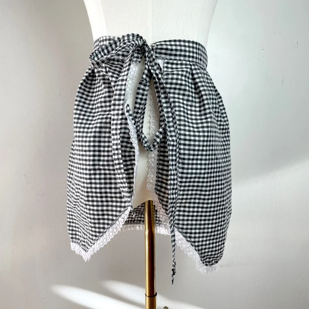Vintage Gingham Half Apron Black White Check Lace Trim Bows Cottagecore Retro